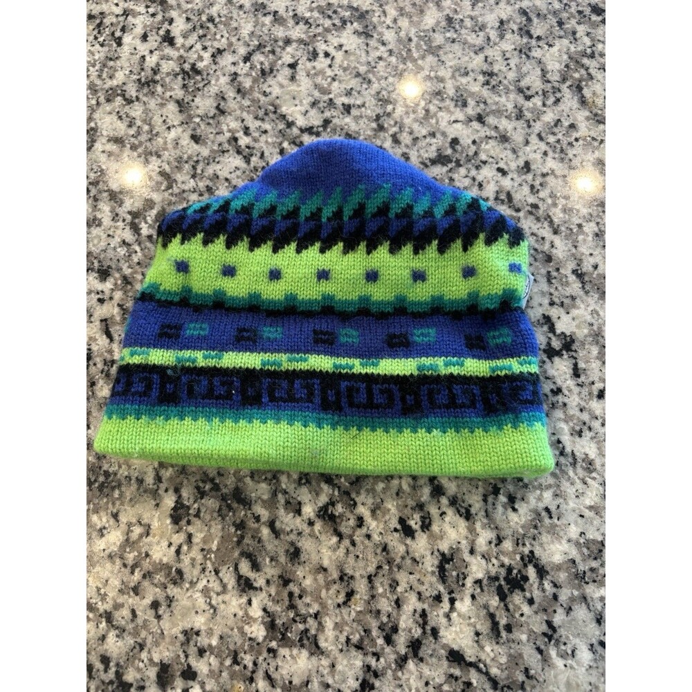 Vintage 90s Igloos Youth Beanie Hat Cap One Size Blue Green Geometric Winter